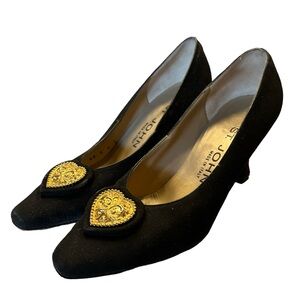 Vintage St John Black Suede Decorative Heart-Embellished Heels